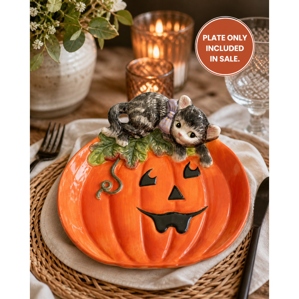 Vintage Fitz & Floyd Halloween Canapé Plate Pumpkin & Black Cat Collectible BOX